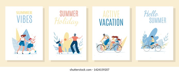 Summer Cards, Mobile Covers, Network Stories Set. Cartoon People, Happy Family Members Spending Spare Time Outdoors. Vector Flat Illustration with Greeting, Welcoming Titles. Ad Banner Pack
