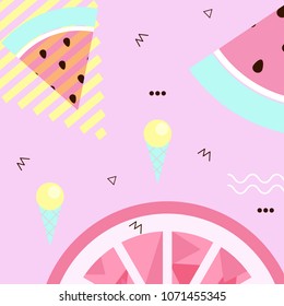 Summer cards. Punchy pastel. Beautiful summer background with watermelon, ice cream. Trendy texture. Journal cards. vector.