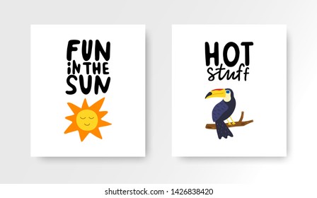 Summer cards set. Colorful posters with hand lettering. Summer vacation banners with hand drawn sun, toucan. Vector illustration