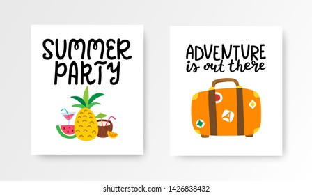 Summer cards set. Colorful posters with hand lettering. Summer vacation banners collection with hand drawn tropical fruits, suitcase. Vector illustration