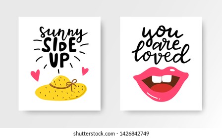 Summer cards set. Colorful posters with hand lettering. Summer vacation banners with hand drawn hat, lips, hearts. Vector illustration