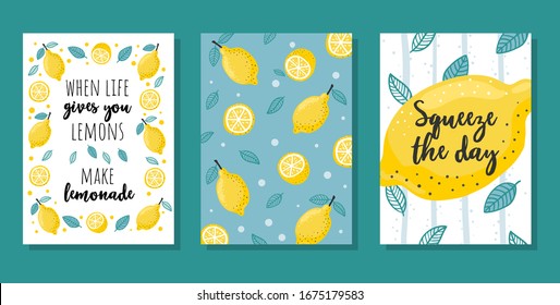 Tarjetas de verano con limones e ilustración vectorial con letras. Cuando la vida te da limones hacen limonada y aprieta el diseño de las caricaturas de tu día. Concepto de citas inspiradoras