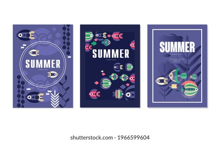 Summer Cards Set, Summer Time Banner, Poster Templates with Cute Tropical Fishes, Underwater World Concept Vector Illustration