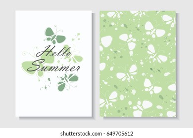 Summer Cards Template in Green Color with Butterfly Background.Set of  Butterflies Vector Patterns Brochures.