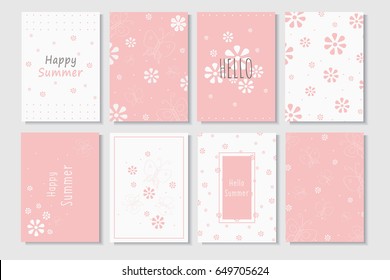 Summer Cards Template in Pink Color.Set of Flower and Butterfly Vector Patterns for Backgrounds and Brochures.