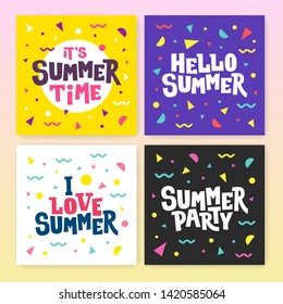 Summer cards. Vector illustration with text on the abstract background. Hello Summer. Summer party. Cute seasonal posters. Colorful party flyers.