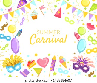 Summer Carnival Banner Template, Bright Celebration Festive Vector Illustration