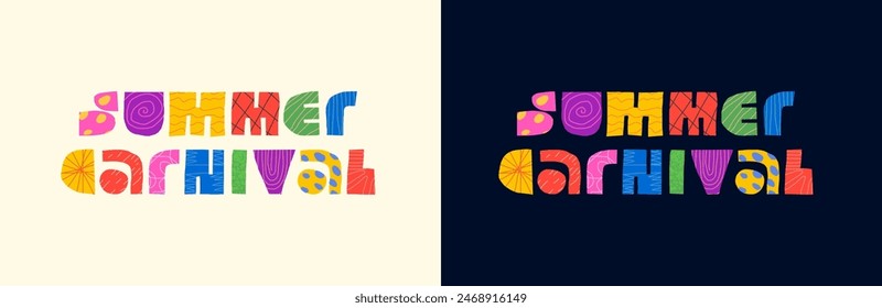 Sommer Karnevalsparty abstrakte dekorative Inschrift Konzept. Moderne bunte grafische Formen Festival Schriftzug. Sommerliche Festveranstaltung Saison trendige kreative Logo. Fest-Feier-Abzeichen. EPS