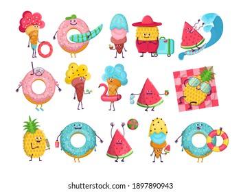 Summer cartoon characters set. Funny ice cream, rubber rings, watermelon slice, pineapple. Vector illustration for swimming pool party, beach activities, fun, vacation, travel concept