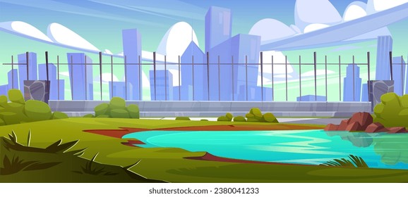 Summer cartoon city landscape with lake, green grass and bushes in public park on background of high-rise buildings. Vector natural scene of town garden with water pond. Calm sunny cityscape.