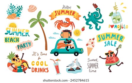Summer cartoon collection with cute characters and handwritten.Octopus, watermelon, pineapple, dog on a car, seagulls, crab, ice cream, mojito,seashells.Summer seasonal element set on white background