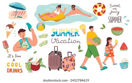 Summer cartoon collection with people on vacation.Suitcases, drinks, ice cream, watermelon, flip-flops, beach chair.Swimming couple and father and daughter.Vector  illustrations set for summer season.