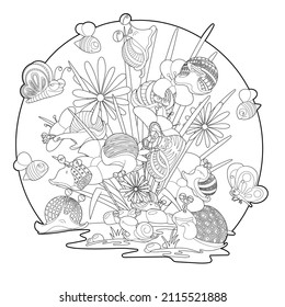 Summer cartoon coloring page. Cute snails, bees and butterfly on flower bed.