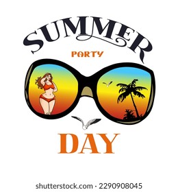 Summer cartoon design. Summer design elements and lettering in retro style. Vintage. Poster glasses with the inscription , palm_. for printing on t-shirt, print, logo
