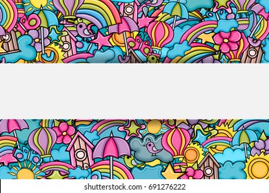 Summer cartoon doodle design. Cute background concept for greeting card,  advertisement, banner, flyer, brochure. Hand drawn vector illustration. 