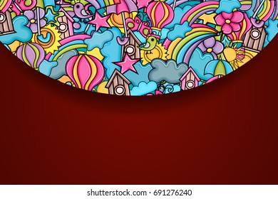 Summer cartoon doodle design. Cute background concept for greeting card,  advertisement, banner, flyer, brochure. Hand drawn vector illustration. 