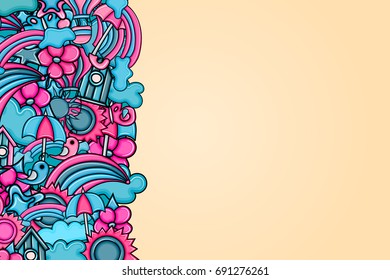 Summer cartoon doodle design. Cute background concept for greeting card,  advertisement, banner, flyer, brochure. Hand drawn vector illustration.  Blue and pink color.
