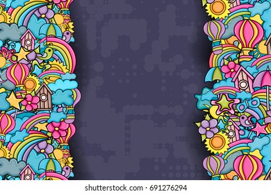 Summer cartoon doodle design. Cute background concept for greeting card,  advertisement, banner, flyer, brochure. Hand drawn vector illustration. 