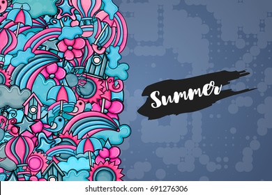 Summer cartoon doodle design. Cute background concept for greeting card,  advertisement, banner, flyer, brochure. Hand drawn vector illustration.  Blue and pink color.