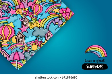 Summer cartoon doodle design. Cute background concept for greeting card,  advertisement, banner, flyer, brochure. Hand drawn vector illustration. 