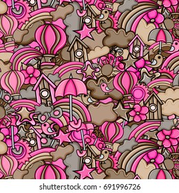 Summer cartoon doodle design. Cute background concept for greeting card,  advertisement, banner, flyer, brochure. Hand drawn vector illustration.  Brown and pink color.