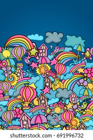Summer cartoon doodle design. Cute background concept for greeting card,  advertisement, banner, flyer, brochure. Hand drawn vector illustration. 
