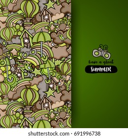 Summer cartoon doodle design. Cute background concept for greeting card,  advertisement, banner, flyer, brochure. Hand drawn vector illustration.  Brown and green color.