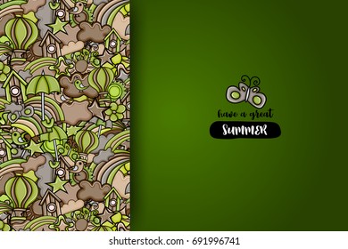 Summer cartoon doodle design. Cute background concept for greeting card,  advertisement, banner, flyer, brochure. Hand drawn vector illustration.  Brown and green color.