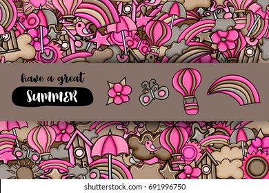 Summer cartoon doodle design. Cute background concept for greeting card,  advertisement, banner, flyer, brochure. Hand drawn vector illustration.  Brown and pink color.
