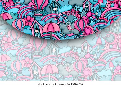 Summer cartoon doodle design. Cute background concept for greeting card,  advertisement, banner, flyer, brochure. Hand drawn vector illustration.  Blue and pink color.