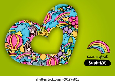 Summer cartoon doodle design. Cute background concept for greeting card,  advertisement, banner, flyer, brochure. Hand drawn vector illustration. 