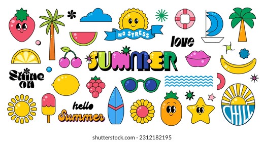 Summer cartoon elements in vibrant bright colors. Beach, holiday, travel, vacation icons, stickers, letters, signs. Cute retro style.