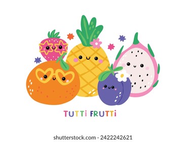 Summer cartoon Fruits in flat style isolated white background. Childish print with fruit characters. Tutti frutti illustration