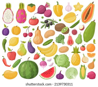 Summer cartoon fruits and vegetables, apple, apricot and beetroot. Summer vitamin fruits and vegetables, kiwi, cabbage and cucumber. Organic vegetarian food vector symbols set