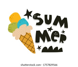summer. cartoon ice cream, hand drawing lettering, decor elements. Summer colorful vector illustration, flat style. design for cards, print, posters, logo, cover