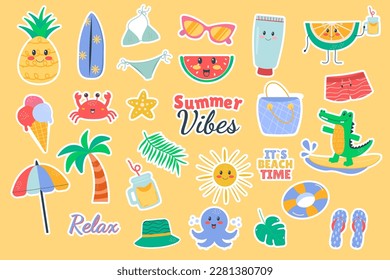 Summer cartoon kawaii stickers accessory elements set cute flat doodle style 