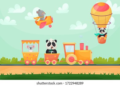 Summer cartoon landscape with animals riding raiway train. Animals flying on air balloon and plane in mountains. Cute and beautiful vector landscape.