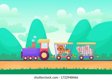 Summer cartoon landscape with animals riding raiway train. Circus animals transportation. Cute and beautiful vector landscape.
