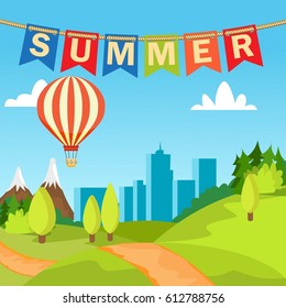Summer cartoon landscape with a balloon in the sky and a city on the horizon