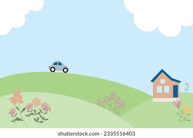 Summer cartoon landscape car house green field vacation road trip