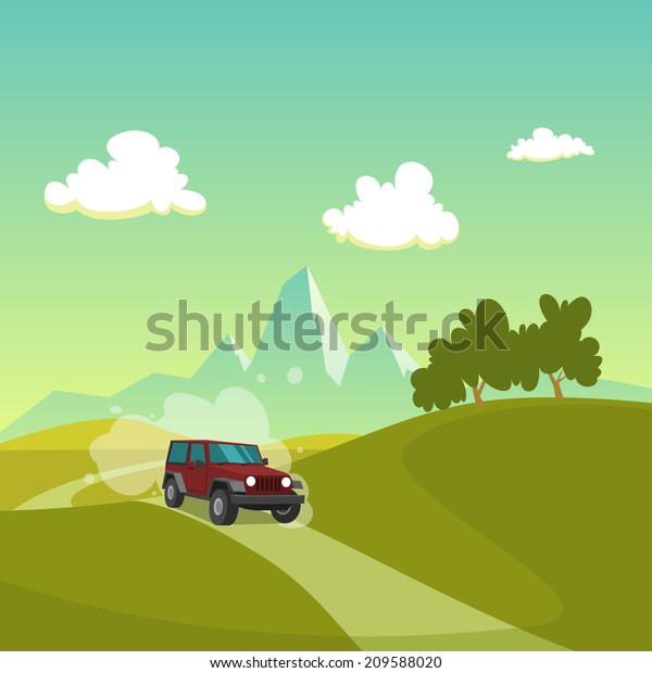 Summer cartoon\
landscape with car on the\
road.