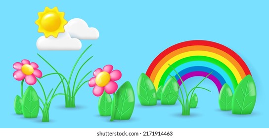 Summer cartoon landscape. Flowers, grass, leaves and rainbow on the lawn