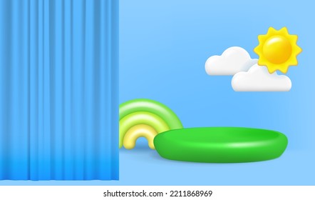 Summer cartoon landscape. Theatrical stage with summer landscape. Theater curtain and 3d podium, sun, clouds and rainbow on the scene