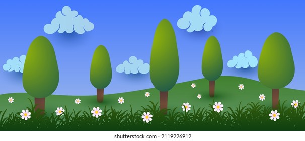 Paisaje de dibujos animados de verano. Nubes vectoriales, pájaros y árboles sobre hierba florida verde