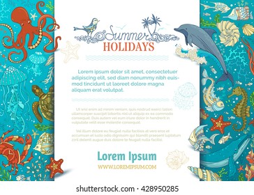 Summer cartoon marine life background. Dolphin, turtle, fish, starfish, crab, octopus, shell, jellyfish, seahorse, seaweed, waves. Underwater sealife. There is place for text on white background.