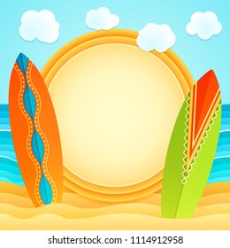 Summer cartoon with orange slice as circle frame on beach scene with sand, sea, clouds and colorful bright surfboards. Holiday vector illustration. Design for summer sport and tourism