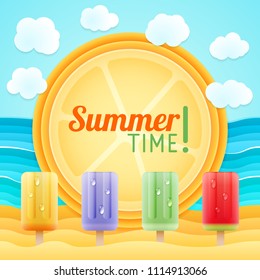 Summer cartoon with orange slice as circle frame on beach scene with sand, sea, clouds and different colorful fruit ice. Holiday vector illustration. Design for summer tourism