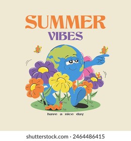 A summer cartoon print for a T-shirt. Poster for the flower festival. Cartoon flowers, butterfly, insects, planet earth. A cover for social media, a card, a sticker. Flat style. Vector illustration.