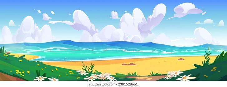 Summer cartoon sand sea beach shore and blue sky vector background. Water on tropical seaside coast with flowers and green grass. Caribbean lagoon beautiful landscape scene panorama banner concept