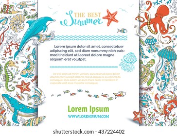 Summer cartoon sea life background. Dolphin, turtle, fish, starfish, crab, shell, jellyfish, seahorse, algae, octopus, waves. Underwater wild animals and plants. There is place for text on white.